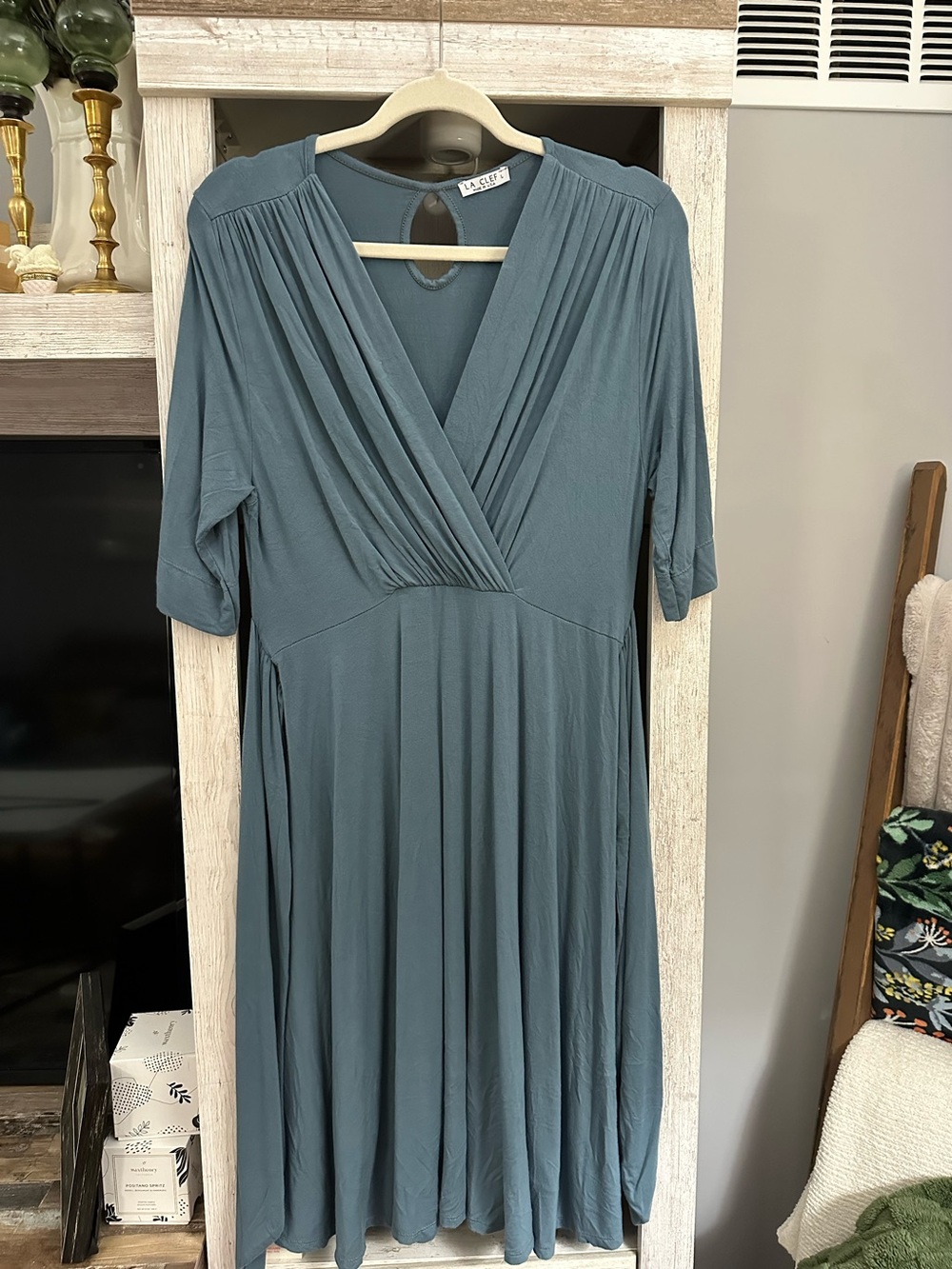 LaClef Slate-Blue Surplice Midi Dress